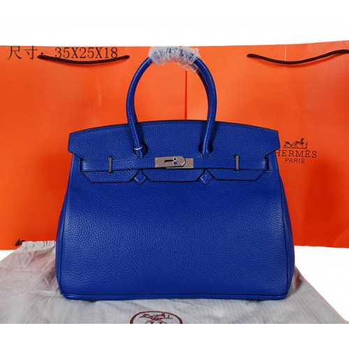 Torba typu tote Hermes Birkin 35CM, niebieska, oryginalna, ziarnista skóra, H35, srebrna