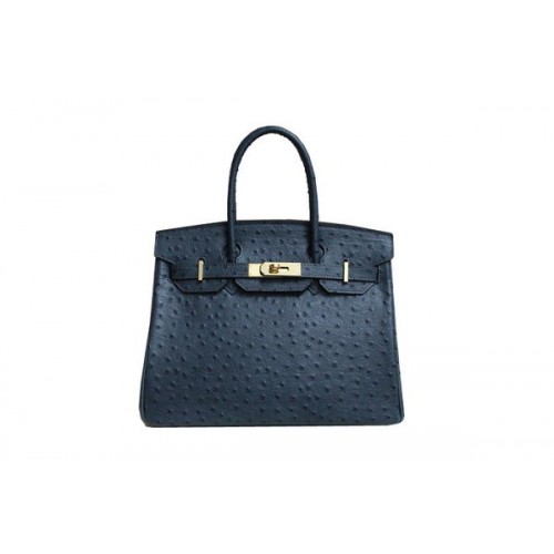 Torba typu tote Hermes Birkin 35CM w kolorze ciemnoniebieskim, ze skóry strusia BK35 Gold