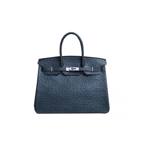 Torba typu tote Hermes Birkin 35CM, ciemnoniebieska, skóra strusia, BK35, srebrna