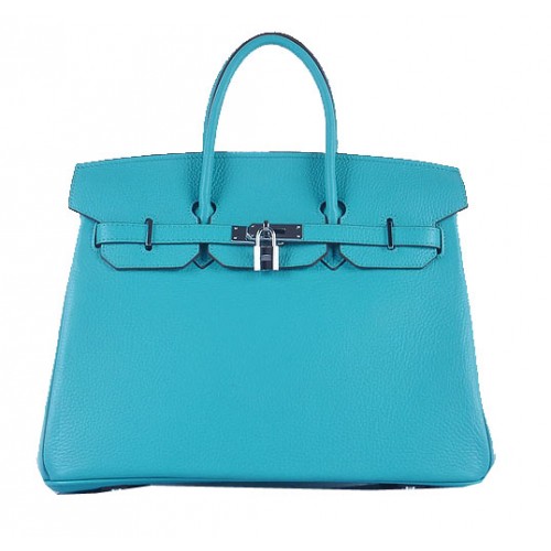 Torba typu tote Hermes Birkin 35 cm, jasnoniebieska, ziarnista, srebrna