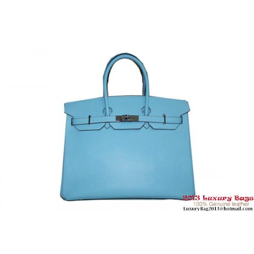 Torba typu tote Hermes Birkin 35 cm, jasnoniebieska, skóra z wzorem palmy H6089, srebrna