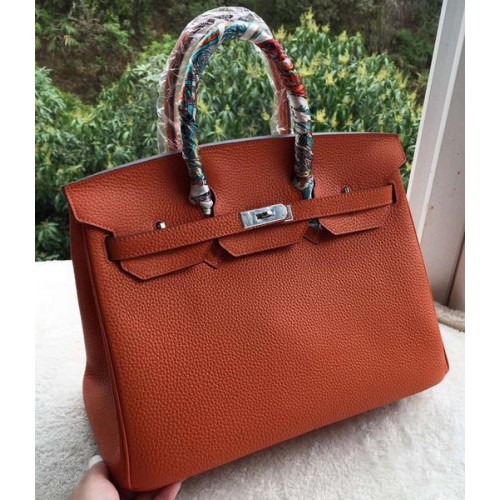 Torba typu tote Hermes Birkin 35CM Pomarańczowa skóra cielęca BK35 Srebrna