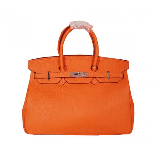 Torba typu tote Hermes Birkin 35CM w kolorze pomarańczowym, oryginalna skóra licowa H35 w kolorze srebrnym