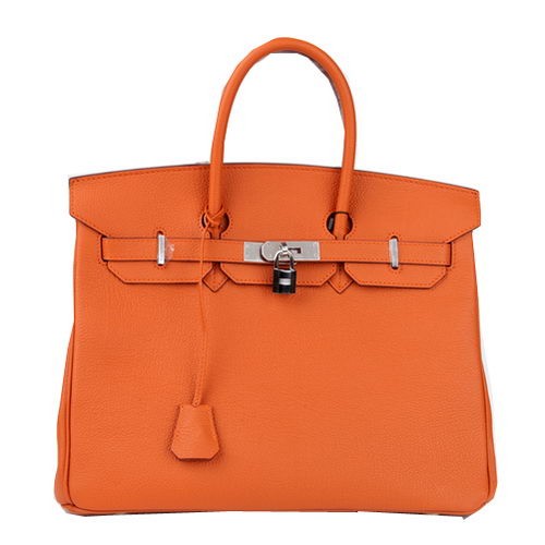 Torba typu tote Hermes Birkin 35CM Pomarańczowa Oryginalna Skóra H35 Srebrna