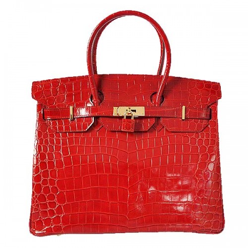 Torba typu tote Hermes Birkin 35 cm, czerwona, opalizująca skóra krokodyla, złota