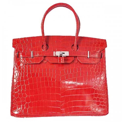 Torba typu tote Hermes Birkin 35 cm, czerwona, opalizująca skóra krokodyla, srebrna