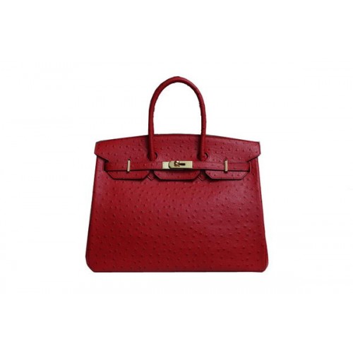 Torba typu tote Hermes Birkin 35CM, czerwona, ze skóry strusia, BK35, złota