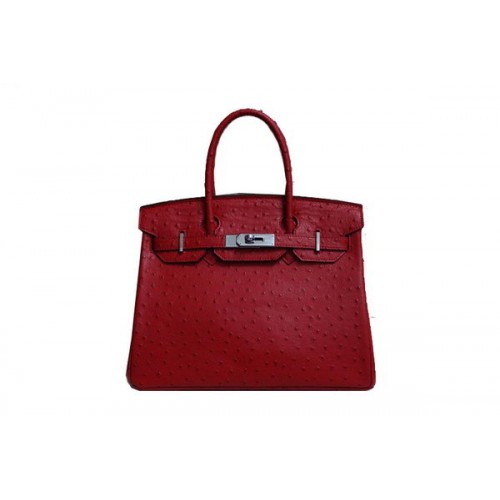 Torba typu tote Hermes Birkin 35CM, czerwona, ze skóry strusia, BK35, srebrna