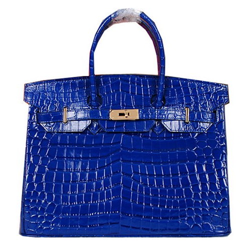 Torba typu tote Hermes Birkin 35CM z błyszczącej skóry krokodyla H35C w kolorze niebieskim
