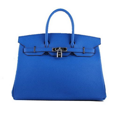 Hermes Birkin 35CM Tote Bags Niebieskie licowe skórzane H-35 Srebrne