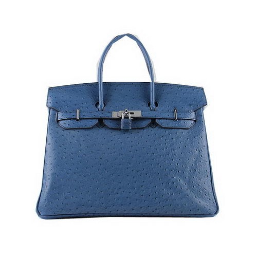 Hermes Birkin 35CM Tote Bags Niebieski Struś Skóra H6089 Srebrny