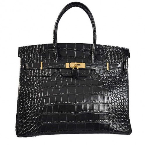 Hermes Birkin 35CM Tote Bags Skóra krokodyla Togo Czarny Złoty
