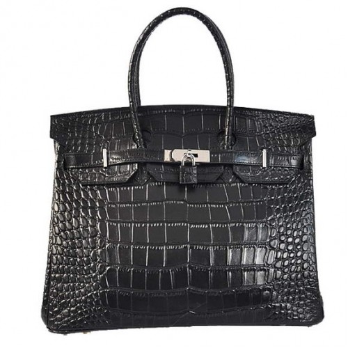 Hermes Birkin 35CM Tote Bags Skóra krokodyla Togo Czarno-srebrna