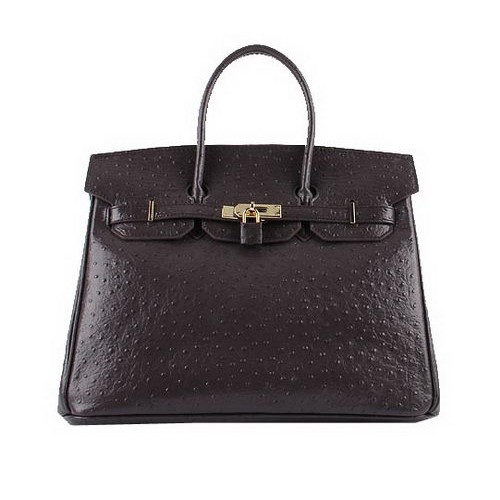 Hermes Birkin 35CM Torebka z ciemnobrązowej skóry strusia H6089 Złota
