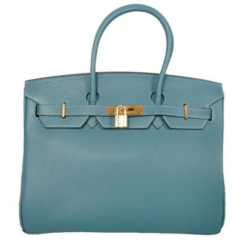 Hermes Birkin 35CM Tote Bags Gładka skóra Togo Niebiesko-złota