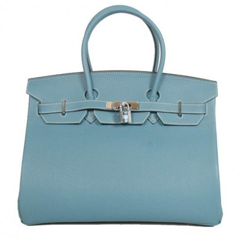 Hermes Birkin 35CM Tote Bags Gładka skóra Togo Niebiesko-srebrna