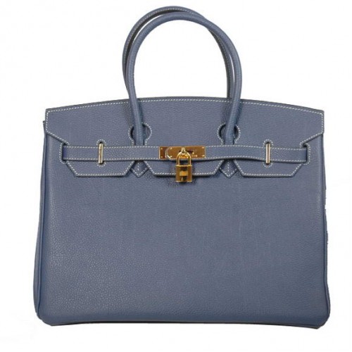 Hermes Birkin 35CM Tote Bags Gładka skóra Togo Ciemnoniebieski Złoty
