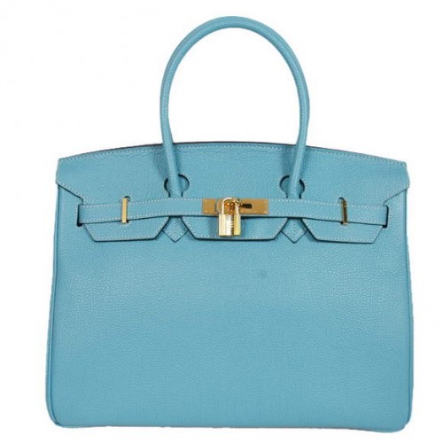 Hermes Birkin 35CM Tote Bags Gładka skóra Togo Jasnoniebieska Złota