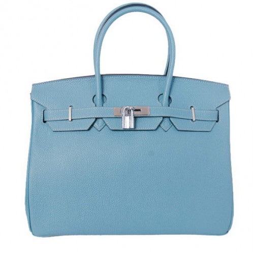 Hermes Birkin 35CM Tote Bags Gładka skóra Togo Jasnoniebieski Srebrny