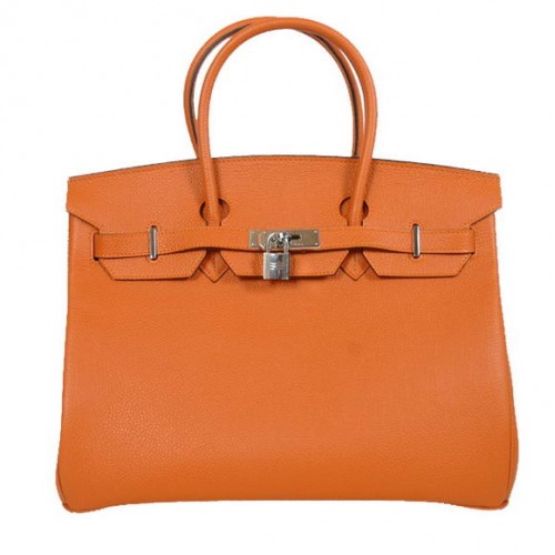 Hermes Birkin 35CM Tote Bags Gładka skóra Togo Pomarańczowo-srebrna