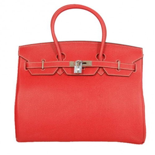 Hermes Birkin 35CM Tote Bags Gładka skóra Togo Czerwony Srebrny