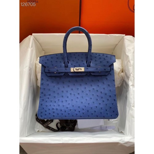 Torebka Hermes Birkin, oryginalna skóra strusia HBK2530, ciemnoniebieska