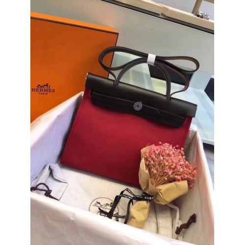 Hermes Herbag 31CM Original Canvas Leather Calfskin 45987 Black&Czerwony