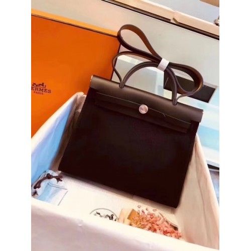 Hermes Herbag 31CM Original Canvas Leather Calfskikin 45987 Black