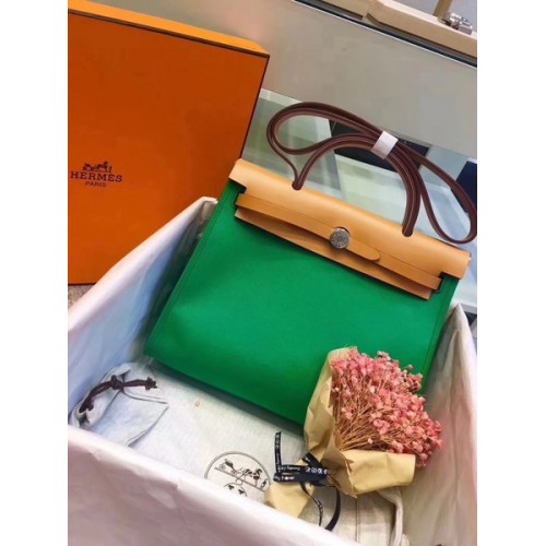 Hermes Herbag 31CM Original Canvas Leather Calfskin 45987 Green&Apricot