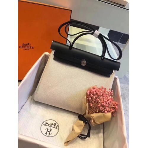 Hermes Herbag 31CM Oryginalna płócienna skóra cielęca 45987 Offwhite&Black