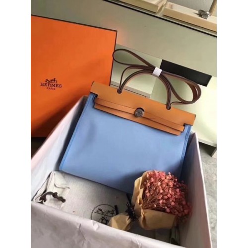 Hermes Herbag 31CM Original Canvas Leather Calfskin 45987 Skyblue&Brown