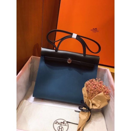 Hermes Herbag 31CM Oryginalna płócienna skóra cielęca 45987 Niebiesko-czarna