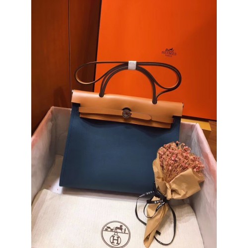 Hermes Herbag 31CM Original Canvas Leather Calfskin 45987 Blue&Apricot