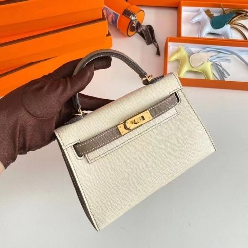 Torebka na ramię Hermes Kelly 19 cm, skóra Epsom, KL19, złote okucia, kremowo-szary