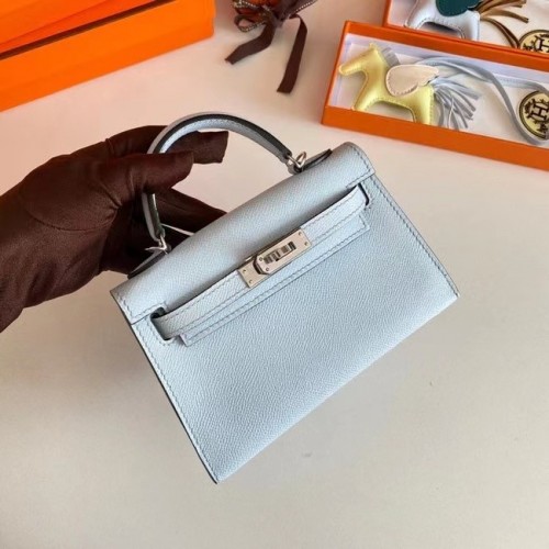 Torebki na ramię Hermes Kelly 19 cm, skóra Epsom, KL19, srebrne okucia, lodowcowy błękit