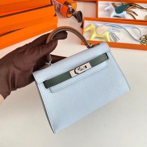 Torebki na ramię Hermes Kelly 19 cm, skóra Epsom, KL19, srebrne okucia, jasnoniebieskie i zielone