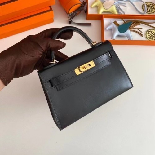 Hermes Kelly 19cm Torebka na ramię pudełko Skóra KL19 Złote okucia czarne