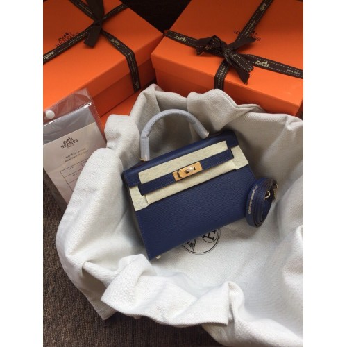 Torba typu tote Hermes Kelly 20 cm, oryginalna skóra Epsom, KL20, niebieska