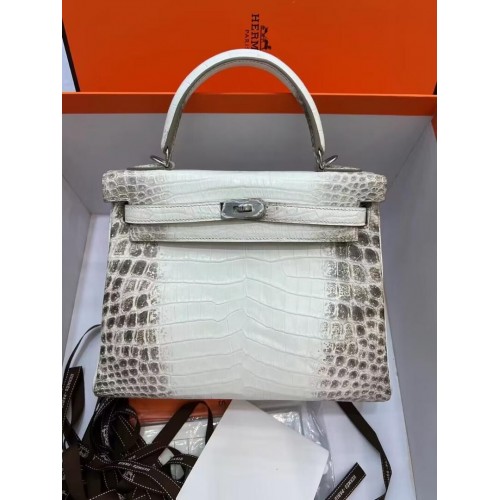 Torebka Hermes Kelly 25CM oryginalna południowoafrykańska ze skóry krokodyla nilowego KL25, biało-szara
