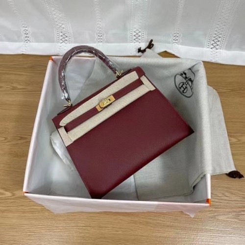 Hermes Kelly 25cm Torebka na ramię Epsom KL2755 Burgundowo-złota metalowa
