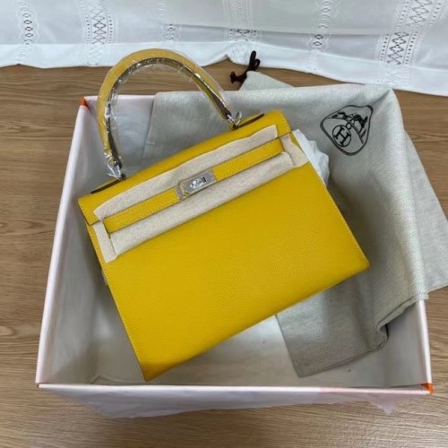 Hermes Kelly 25cm Torebka na ramię Epsom KL2755 żółta i srebrna metalowa