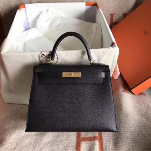 Torba typu tote Hermes Kelly 25 cm, oryginalna, skórzana torba Epsom KL25, czarna