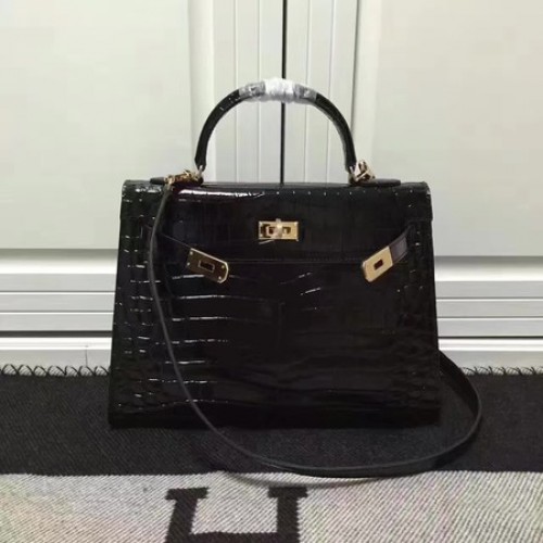 Hermes Kelly 28cm Torba na ramię ze skóry krokodyla K28 Czarna