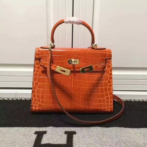 Hermes Kelly 28cm Torba na ramię Skóra krokodyla K28 Pomarańczowa