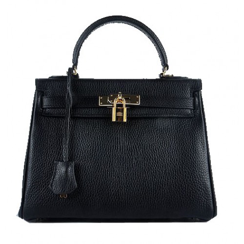 Torebki na ramię Hermes Kelly 28 cm, czarna, ziarnista skóra, złoto