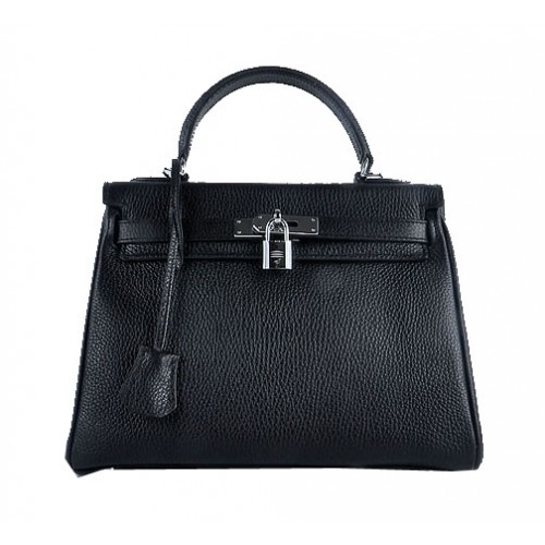 Torebki na ramię Hermes Kelly 28 cm, czarna, ziarnista skóra, srebrna