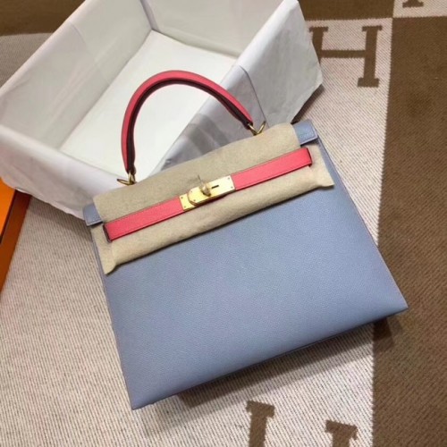 Torebka na ramię Hermes Kelly 28 cm, skóra Epsom, KL28, niebiesko-różowa