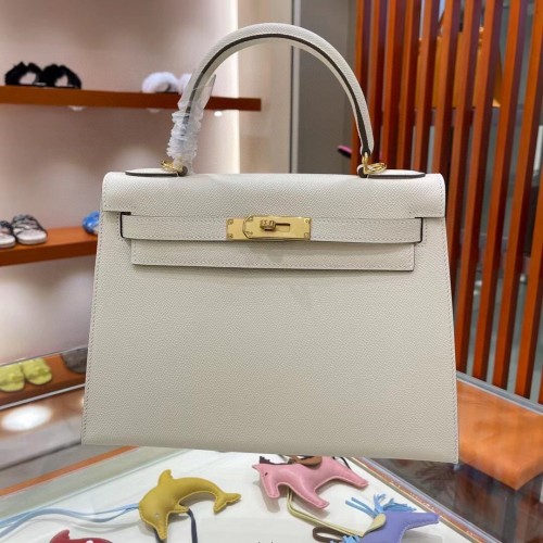 Torebka na ramię Hermes Kelly 28 cm, skóra Epsom, KL28, kremowo-biała, złote okucia