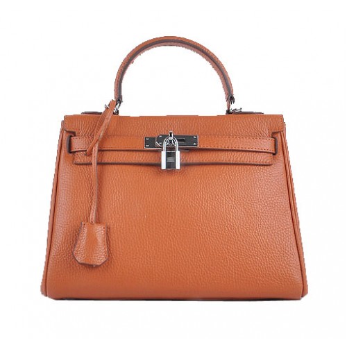 Torebki na ramię Hermes Kelly 28 cm, pomarańczowa skóra ziarnista, srebrna