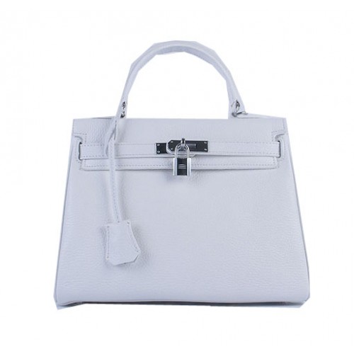Torebki na ramię Hermes Kelly 28 cm, biała, ziarnista skóra, srebrna